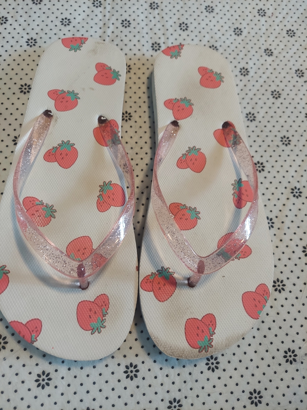 Summer Strawberry Print Thong Sandals Pink Jelly Glitter Straps Girls 5